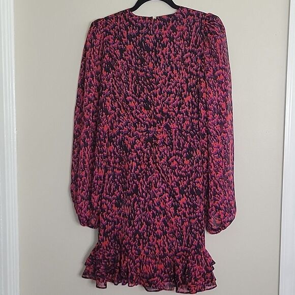Express Abstract Print Faux Wrap Ruffle Mini Dress Small Red Black Purple - Picture 12 of 16